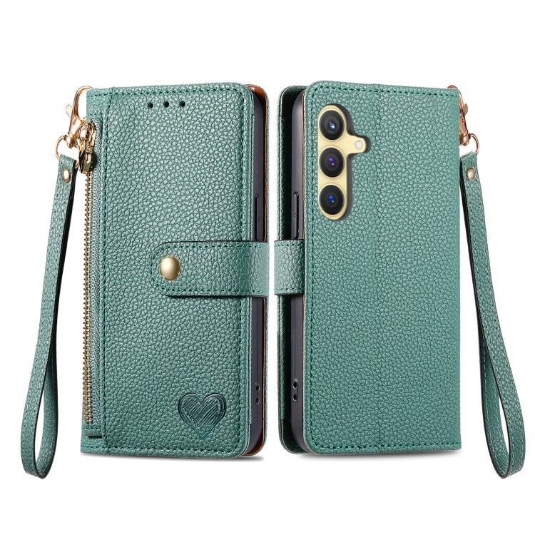 For Samsung Galaxy S25+ 5G Love Zipper Lanyard Leather Phone Case(Green)