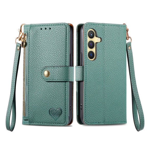 For Samsung Galaxy S25+ 5G Love Zipper Lanyard Leather Phone Case(Green)
