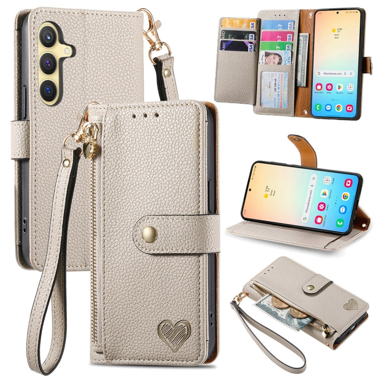 For Samsung Galaxy S25+ 5G Love Zipper Lanyard Leather Phone Case(Gray)