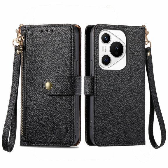 For Huawei Pura 70 Love Zipper Lanyard Leather Phone Case(Black)