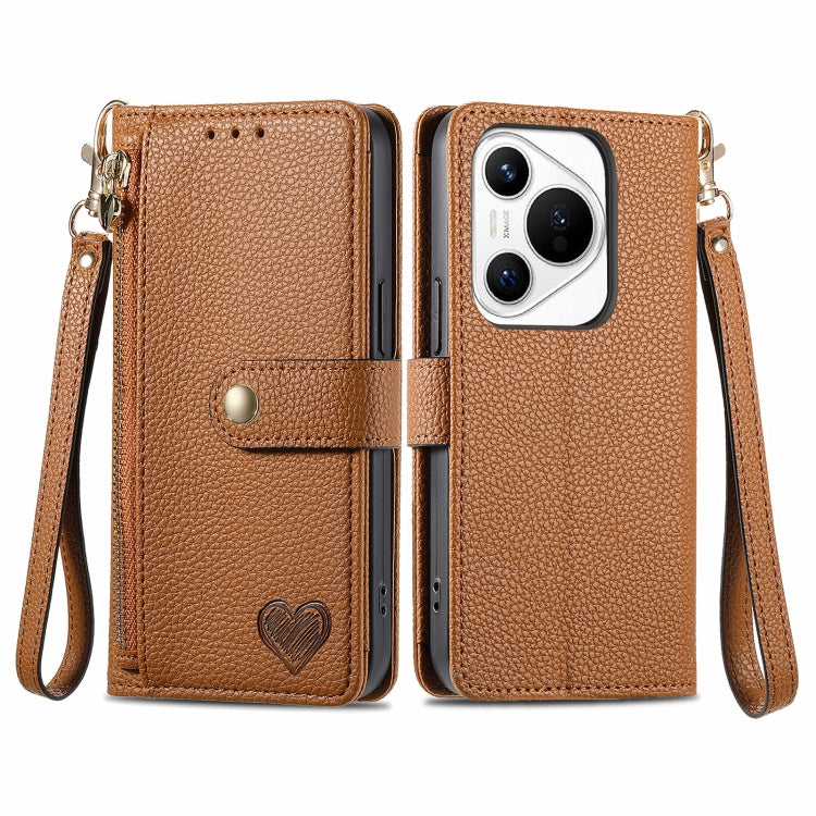 For Huawei Pura 70 Love Zipper Lanyard Leather Phone Case(Brown)
