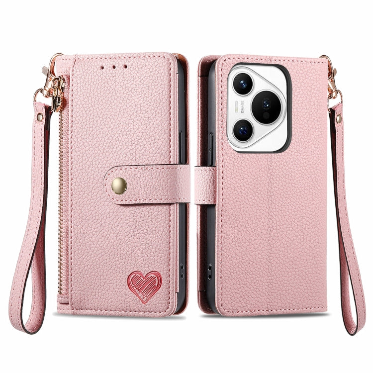 For Huawei Pura 70 Love Zipper Lanyard Leather Phone Case(Pink)