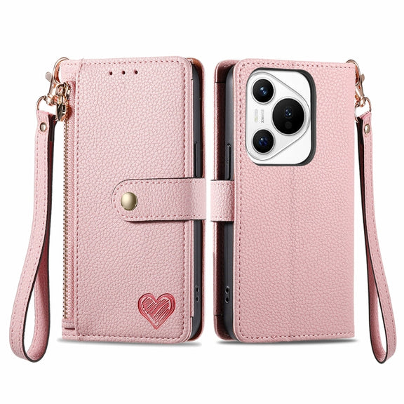 For Huawei Pura 70 Love Zipper Lanyard Leather Phone Case(Pink)