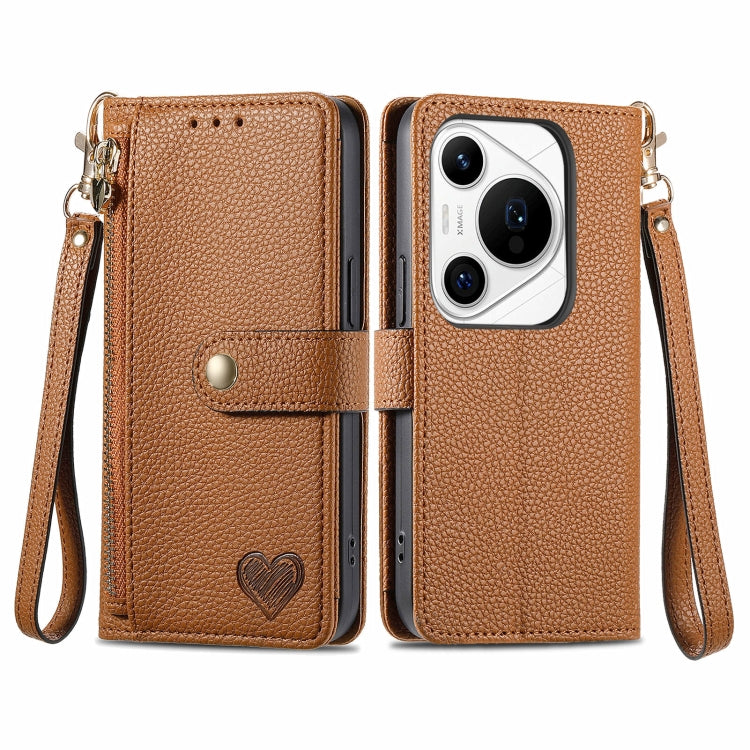 For Huawei Pura 70 Pro Love Zipper Lanyard Leather Phone Case(Brown)