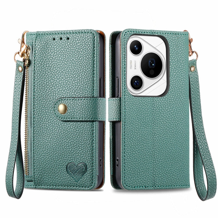 For Huawei Pura 70 Pro Love Zipper Lanyard Leather Phone Case(Green)