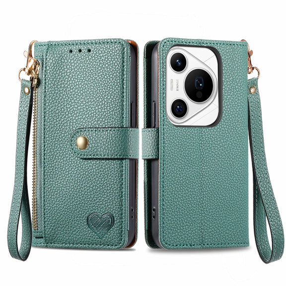 For Huawei Pura 70 Pro Love Zipper Lanyard Leather Phone Case(Green)