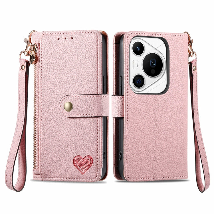 For Huawei Pura 70 Pro+ Love Zipper Lanyard Leather Phone Case(Pink)
