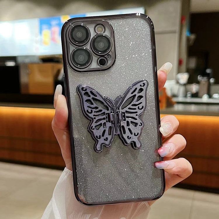 For iPhone 16 Pro Electroplated Gradient Glitter 3D Butterfly TPU Phone Case(Gradient Black)