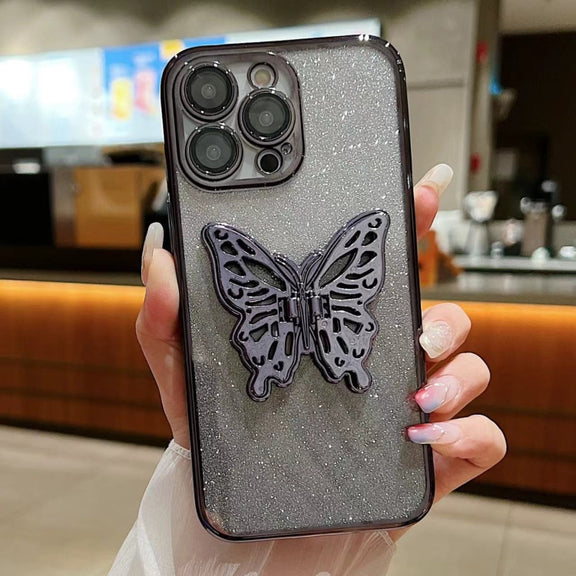 For iPhone 16 Pro Electroplated Gradient Glitter 3D Butterfly TPU Phone Case(Gradient Black)