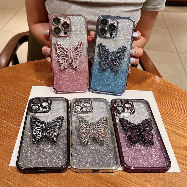 For iPhone 16 Pro Max Electroplated Gradient Glitter 3D Butterfly TPU Phone Case(Gradient Pink)