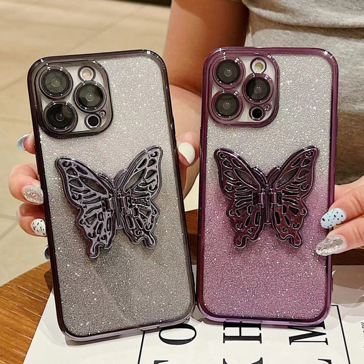 For iPhone 16 Pro Max Electroplated Gradient Glitter 3D Butterfly TPU Phone Case(Gradient Pink)