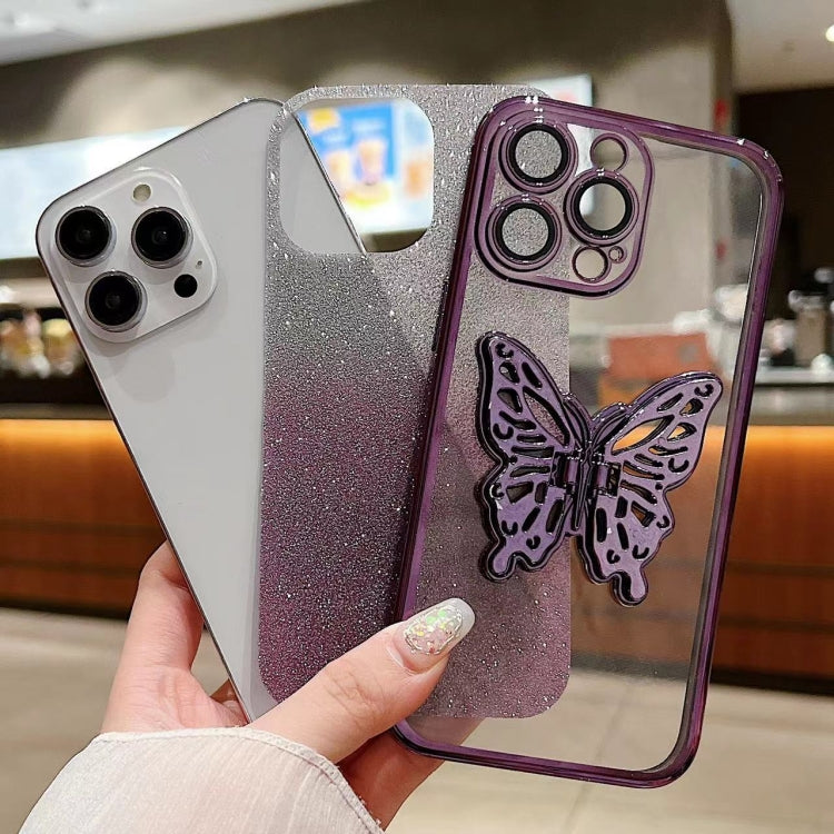 For iPhone 16 Pro Max Electroplated Gradient Glitter 3D Butterfly TPU Phone Case(Gradient Pink)
