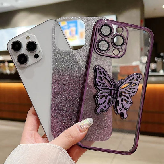 For iPhone 16 Pro Max Electroplated Gradient Glitter 3D Butterfly TPU Phone Case(Gradient Pink)