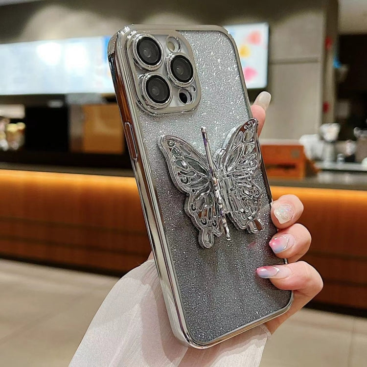 For iPhone 16 Pro Electroplated Gradient Glitter 3D Butterfly TPU Phone Case(Gradient Black)