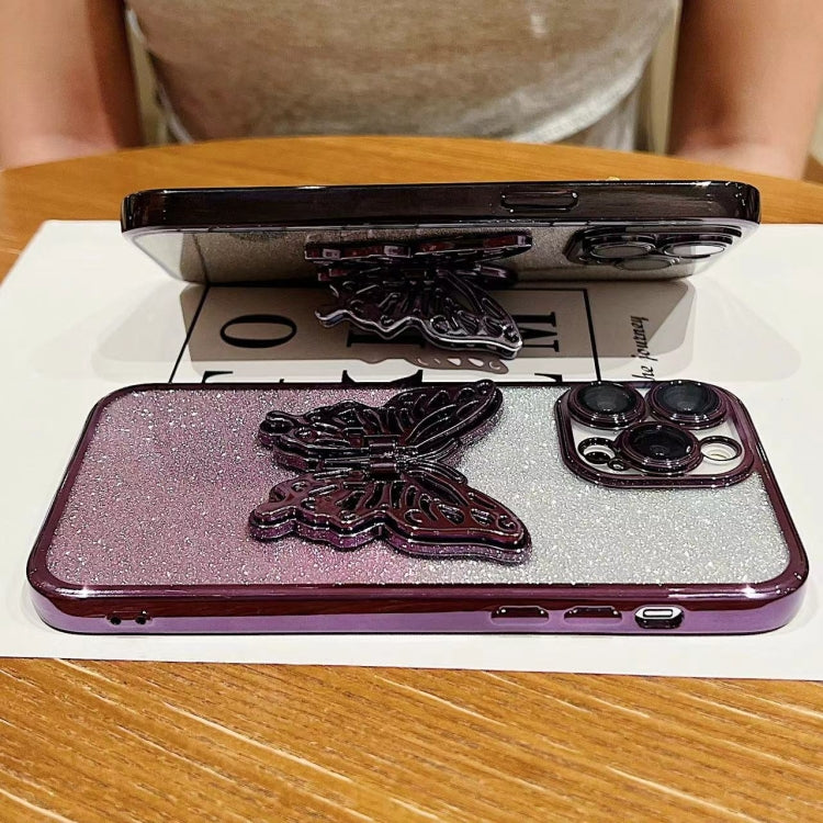 For iPhone 16 Pro Max Electroplated Gradient Glitter 3D Butterfly TPU Phone Case(Gradient Pink)