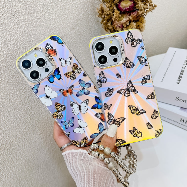 For iPhone 16 Pro Max Electroplating Laser Butterfly Phone Case with Wrist Strap(Pink Butterflies AB2)