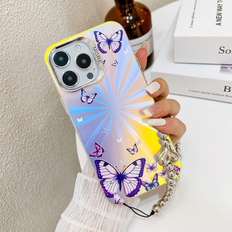 For iPhone 16 Pro Max Electroplating Laser Butterfly Phone Case with Wrist Strap(Pink Butterflies AB2)