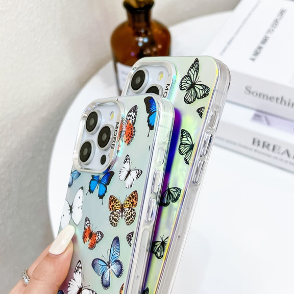 For iPhone 16 Pro Max Electroplating Laser Butterfly Phone Case with Wrist Strap(Pink Butterflies AB2)