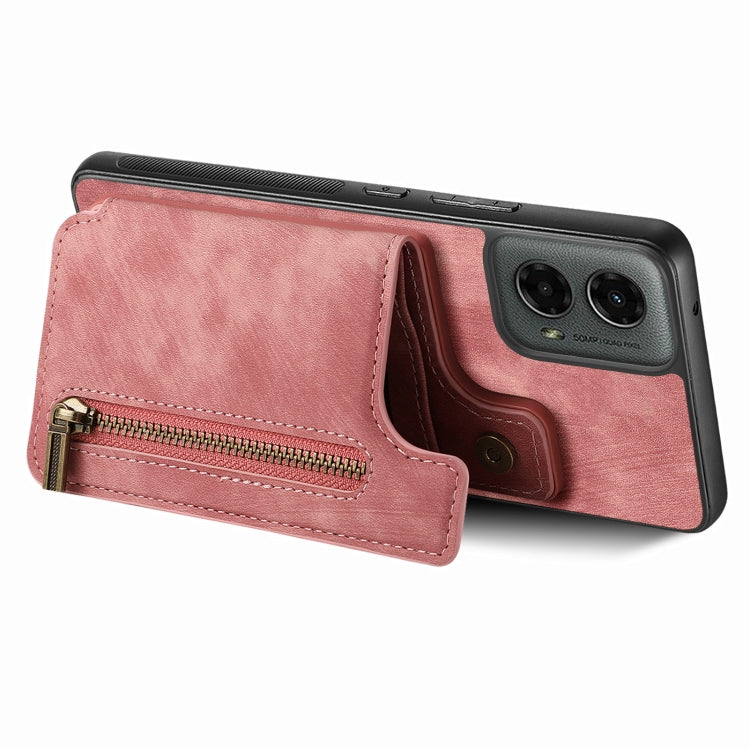 For Motorola Moto G 2024 Retro Leather Zipper Wallet Back Phone Case(Pink)