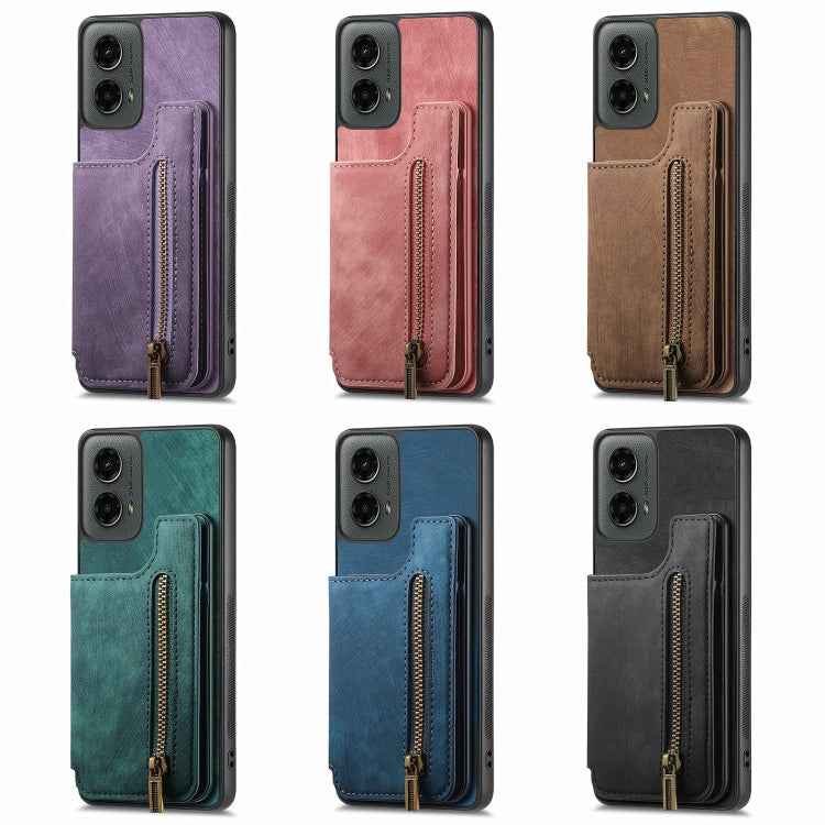 For Motorola Moto G 2024 Retro Leather Zipper Wallet Back Phone Case(Pink)