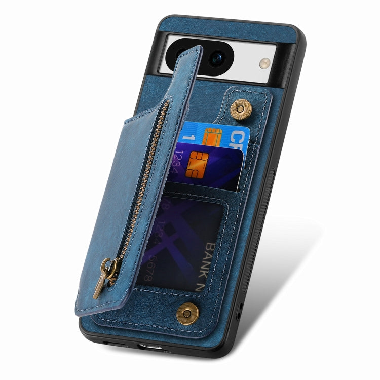 For Google Pixel 9 Pro XL Retro Leather Zipper Wallet Back Phone Case(Blue)