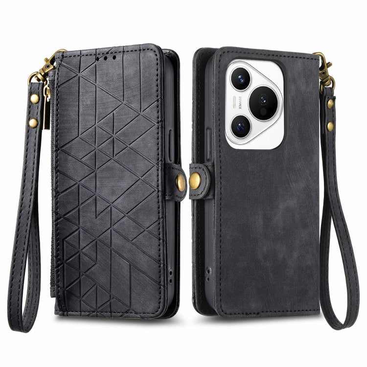 For Huawei Pura 70 Geometric Zipper Wallet Side Buckle Leather Phone Case(Black)