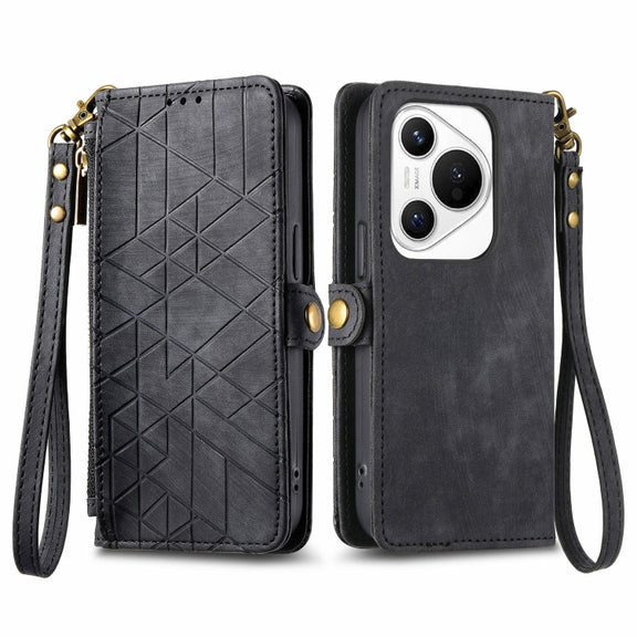 For Huawei Pura 70 Geometric Zipper Wallet Side Buckle Leather Phone Case(Black)