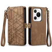 For Huawei Pura 70 Geometric Zipper Wallet Side Buckle Leather Phone Case(Brown)