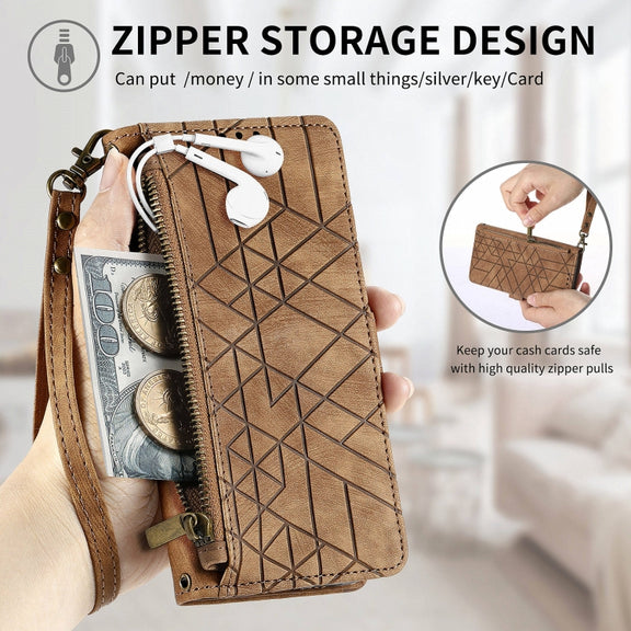 For Huawei Pura 70 Geometric Zipper Wallet Side Buckle Leather Phone Case(Brown)