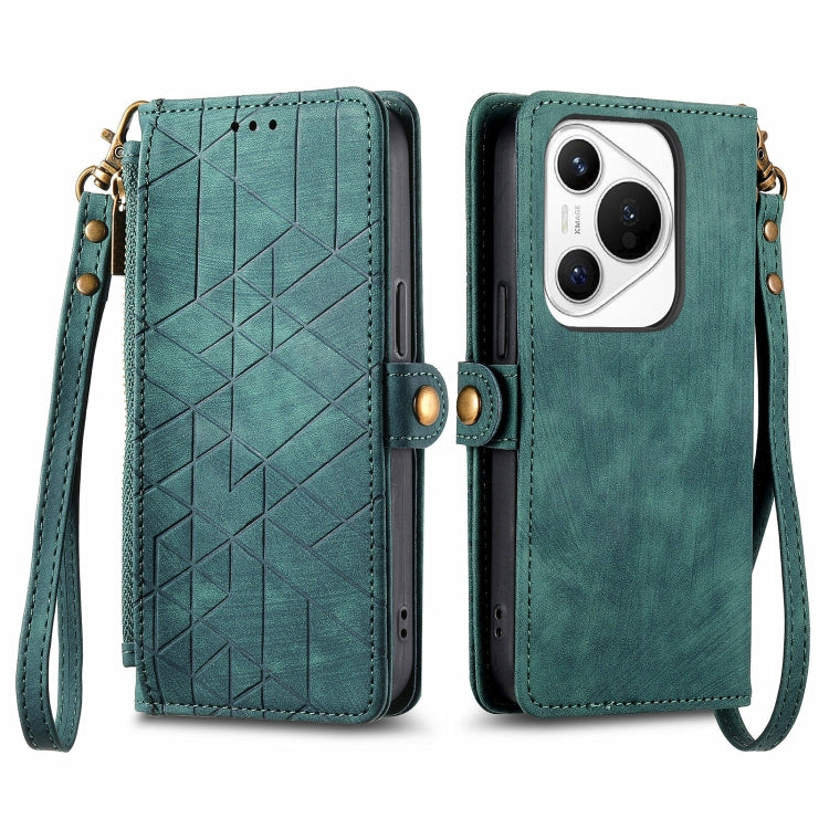 For Huawei Pura 70 Geometric Zipper Wallet Side Buckle Leather Phone Case(Green)