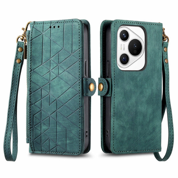 For Huawei Pura 70 Geometric Zipper Wallet Side Buckle Leather Phone Case(Green)