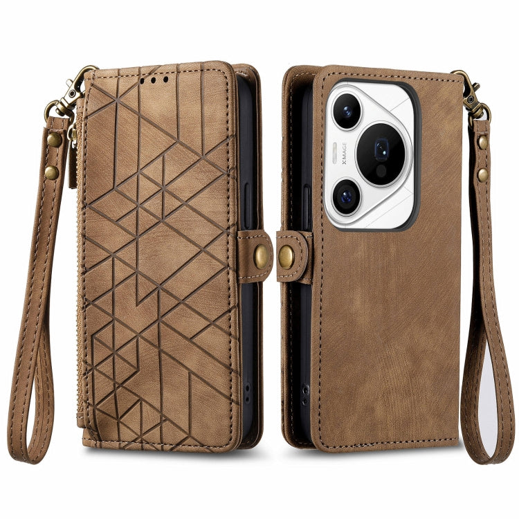 For Huawei Pura 70 Pro Geometric Zipper Wallet Side Buckle Leather Phone Case(Brown)