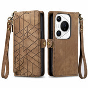 For Huawei Pura 70 Pro Geometric Zipper Wallet Side Buckle Leather Phone Case(Brown)