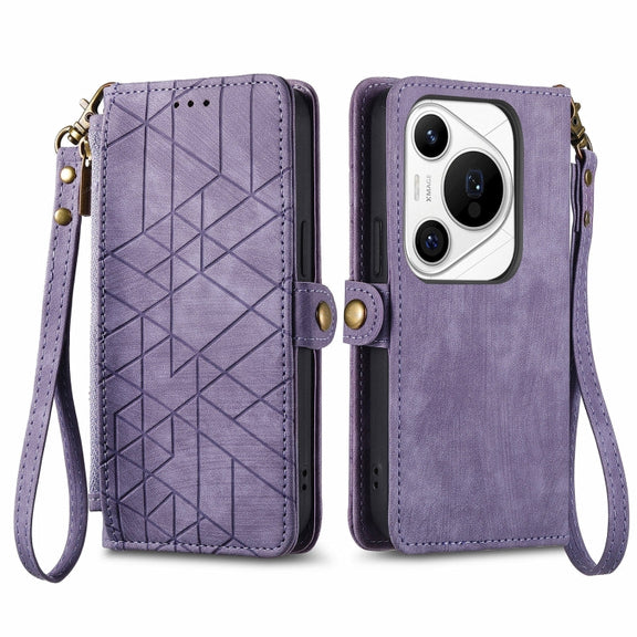 For Huawei Pura 70 Pro Geometric Zipper Wallet Side Buckle Leather Phone Case(Purple)