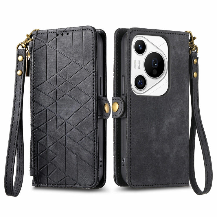 For Huawei Pura 70 Pro+ Geometric Zipper Wallet Side Buckle Leather Phone Case(Black)