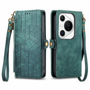 For Huawei Pura 70 Pro+ Geometric Zipper Wallet Side Buckle Leather Phone Case(Green)