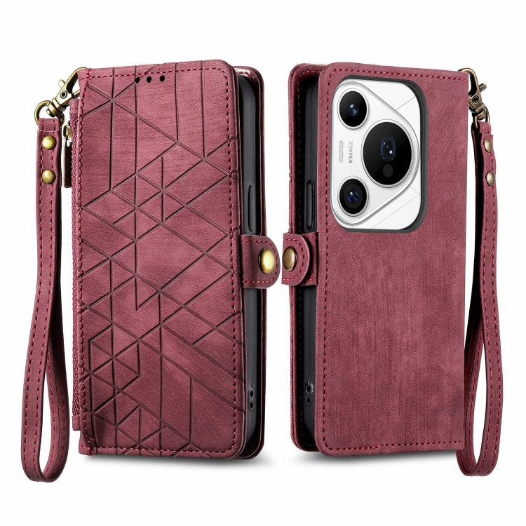 For Huawei Pura 70 Pro+ Geometric Zipper Wallet Side Buckle Leather Phone Case(Red)