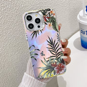 For iPhone 16 Pro Electroplating Laser Flower Texture TPU Phone Case(Leaves AH12)