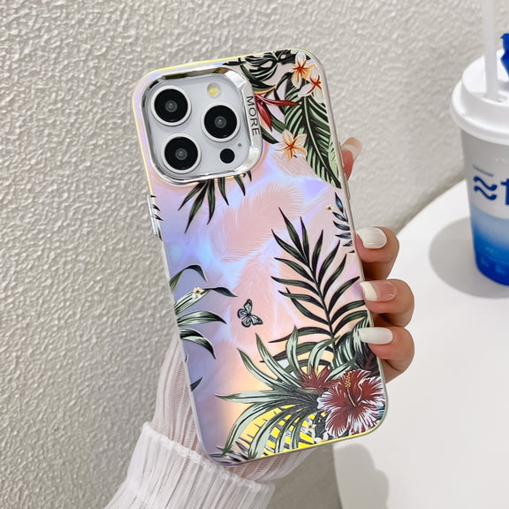 For iPhone 16 Pro Electroplating Laser Flower Texture TPU Phone Case(Leaves AH12)