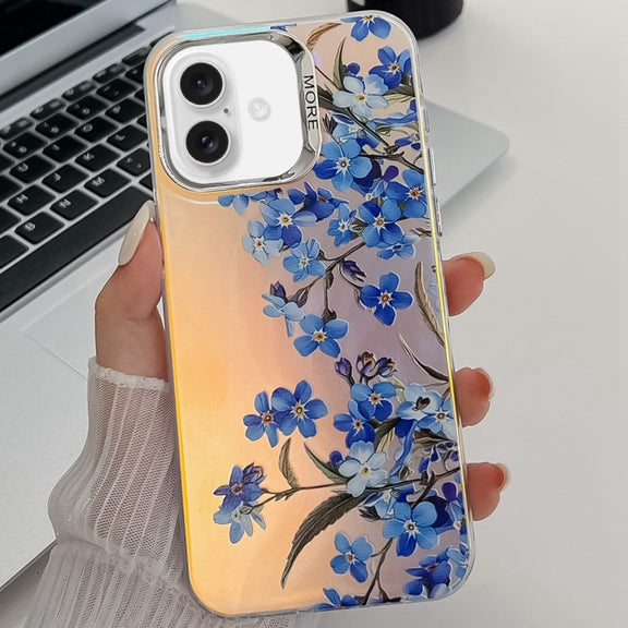 For iPhone 16 Electroplating Laser Flower Texture TPU Phone Case(Myosotis AH2)
