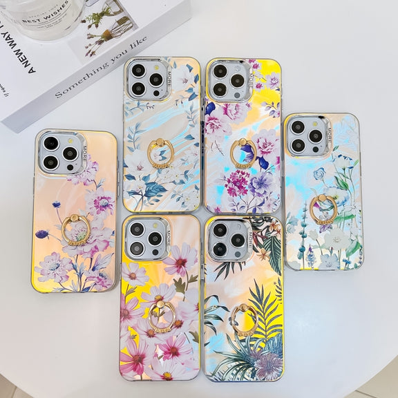For iPhone 16 Electroplating Laser Flower Ring Holder TPU Phone Case(Leaves AH12)
