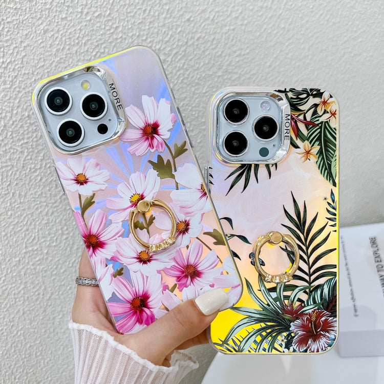 For iPhone 16 Electroplating Laser Flower Ring Holder TPU Phone Case(Leaves AH12)