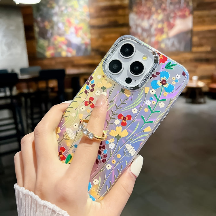 For iPhone 16 Electroplating Laser Flower Ring Holder TPU Phone Case(Leaves AH12)