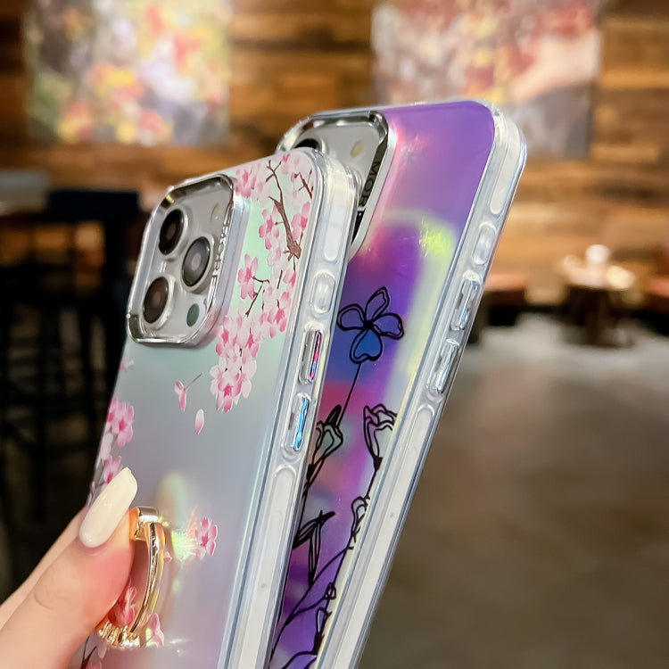 For iPhone 16 Electroplating Laser Flower Ring Holder TPU Phone Case(Leaves AH12)