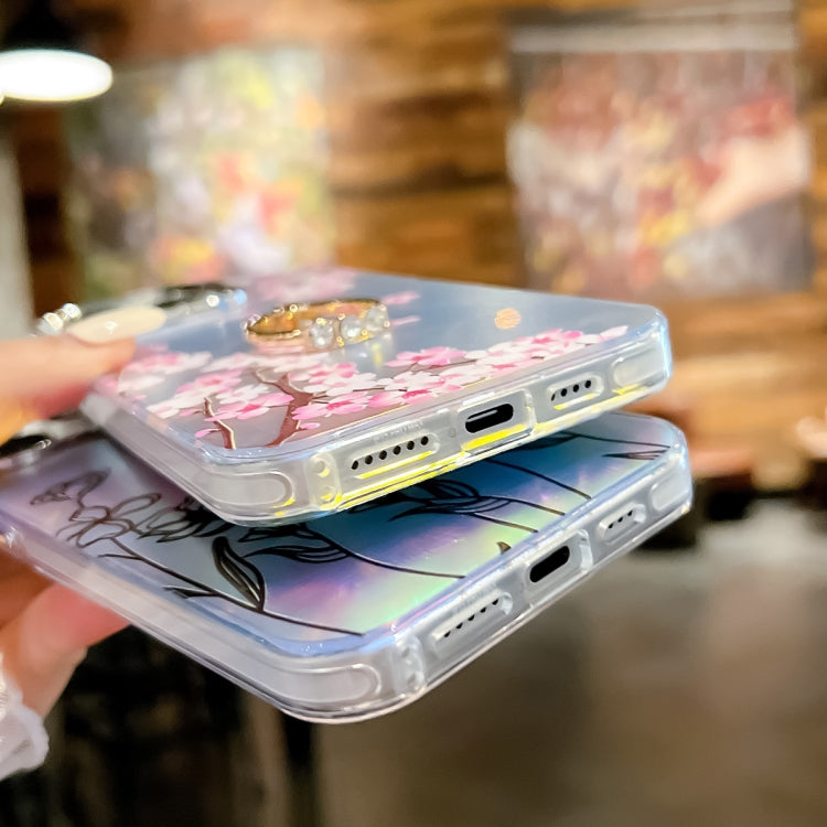 For iPhone 16 Electroplating Laser Flower Ring Holder TPU Phone Case(Leaves AH12)