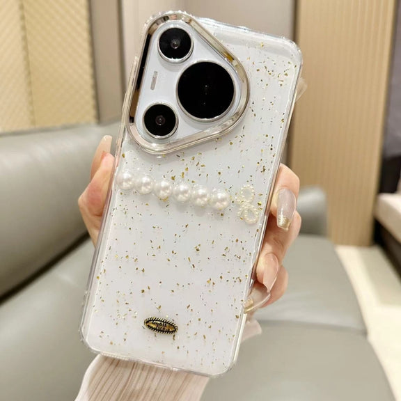 For Huawei Pura 70 Gold Foil Pearl Bow TPU Phone Case(Gold Foil Pearl)