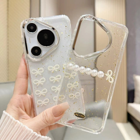 For Huawei Pura 70 Gold Foil Pearl Bow TPU Phone Case(Gold Foil Pearl)