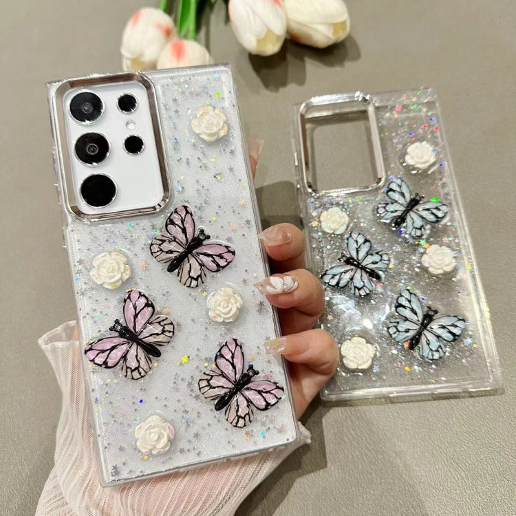 For Samsung Galaxy S25 Ultra 5G Three-dimensional Butterfly Glitter TPU  Phone Case(Blue)