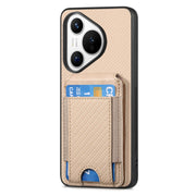 For Huawei Pura 70 Carbon Fiber Vertical Flip Wallet Stand Phone Case(Khaki)