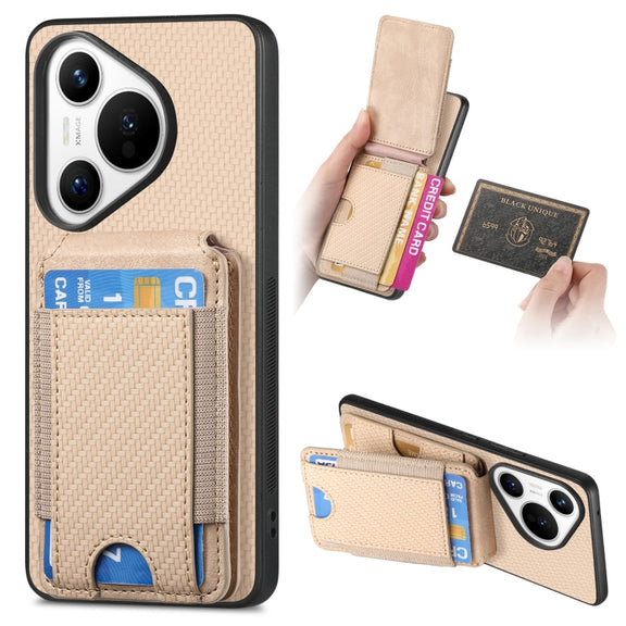 For Huawei Pura 70 Carbon Fiber Vertical Flip Wallet Stand Phone Case(Khaki)